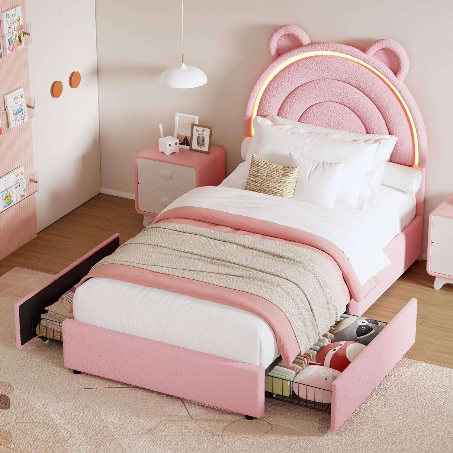 Front. Qeetex - Twin Princess Bed Frame with Storage Drawers & LED Lights, Pink - Pink.