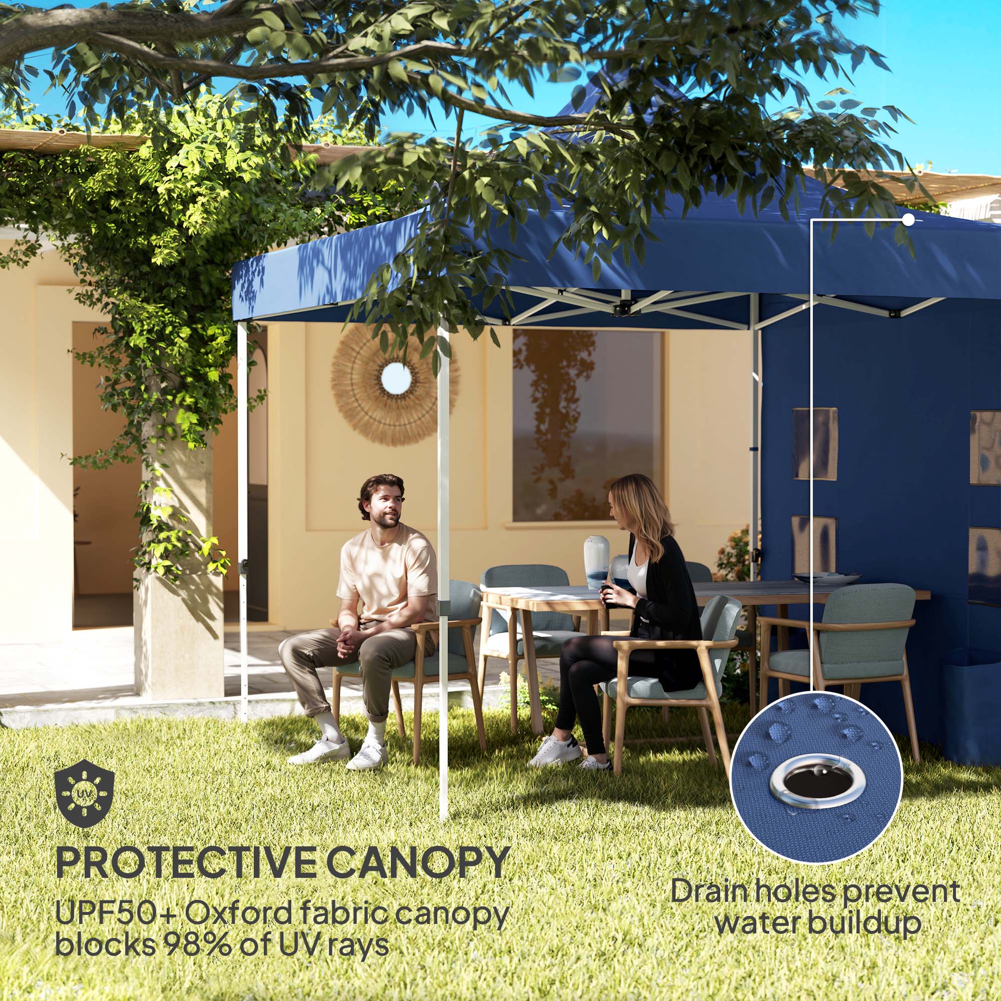 PROTECTIVE CANOPY
UPF50+ Oxford fabric canopy blocks 98% of UV rays
Drain holes prevent water buildup