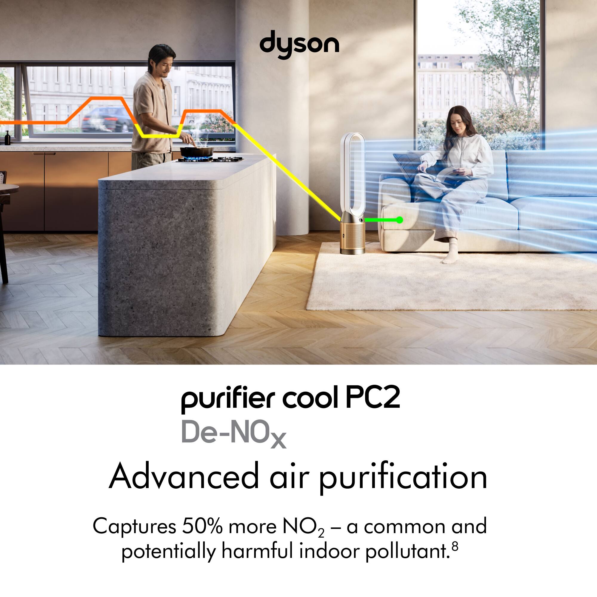dyson purifier cool PC2 De-NOx Advanced air purification Captures 50% more NO2 - a common and potentially harmful indoor pollutant.