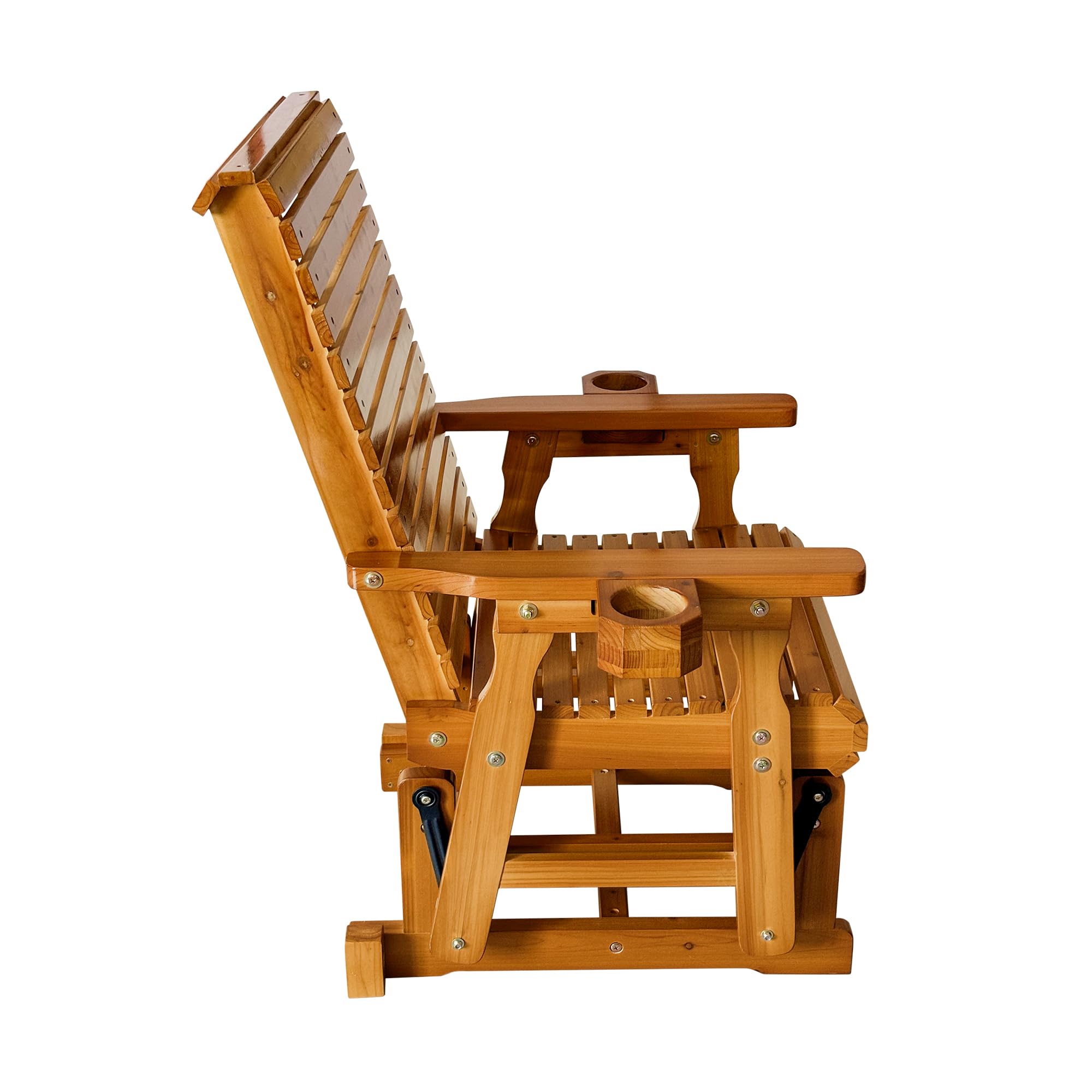 Left. Fortune Candy - Wooden Patio Glider with High Back and Deep Contoured Seat, Solid Fir Wood, Heavy Duty 600 LBS for Porch Yard Garden - Teak Tone.