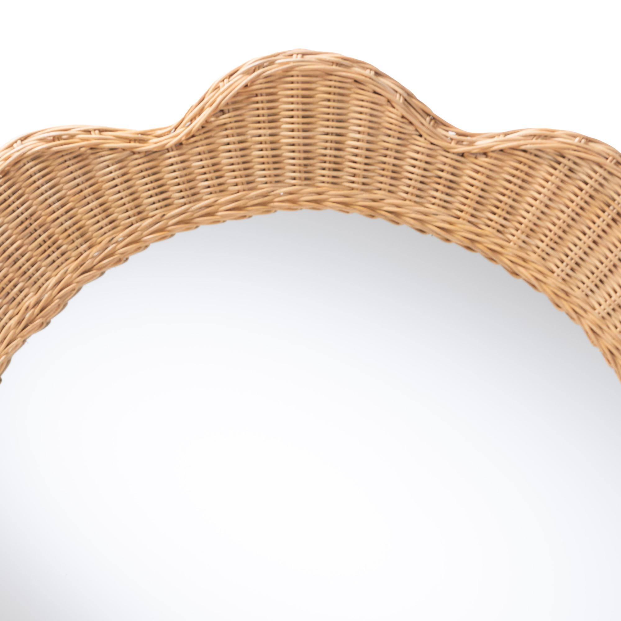 Angle. bali & pari - Makoto Scalloped Natural Rattan Wall Mirror - Handwoven Wicker Round Frame, Boho Coastal Accent Wall Decor - Honey.