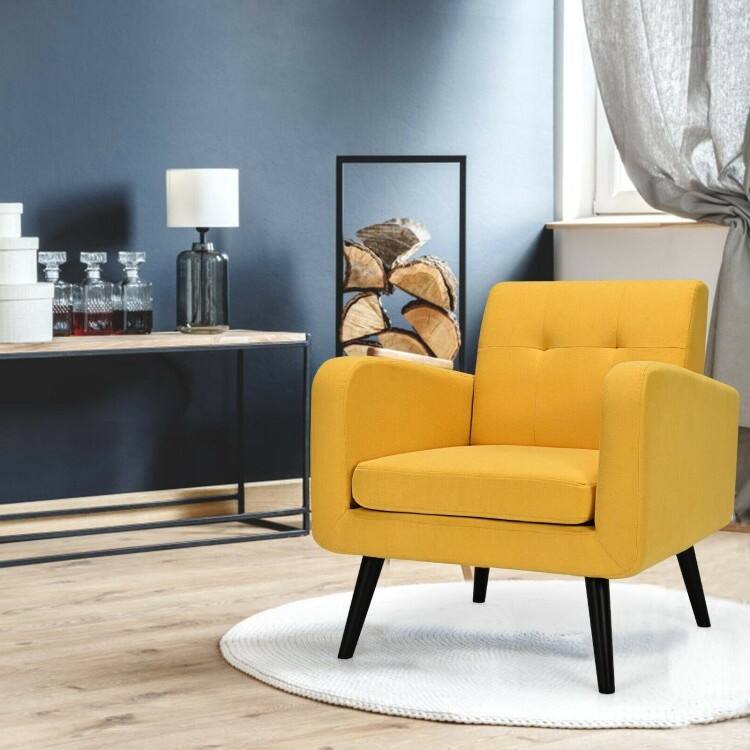 Left. SlickBlue - Mid-Century Modern Accent Chair – Linen Upholstered Seating with Solid Wood Legs - Yellow.