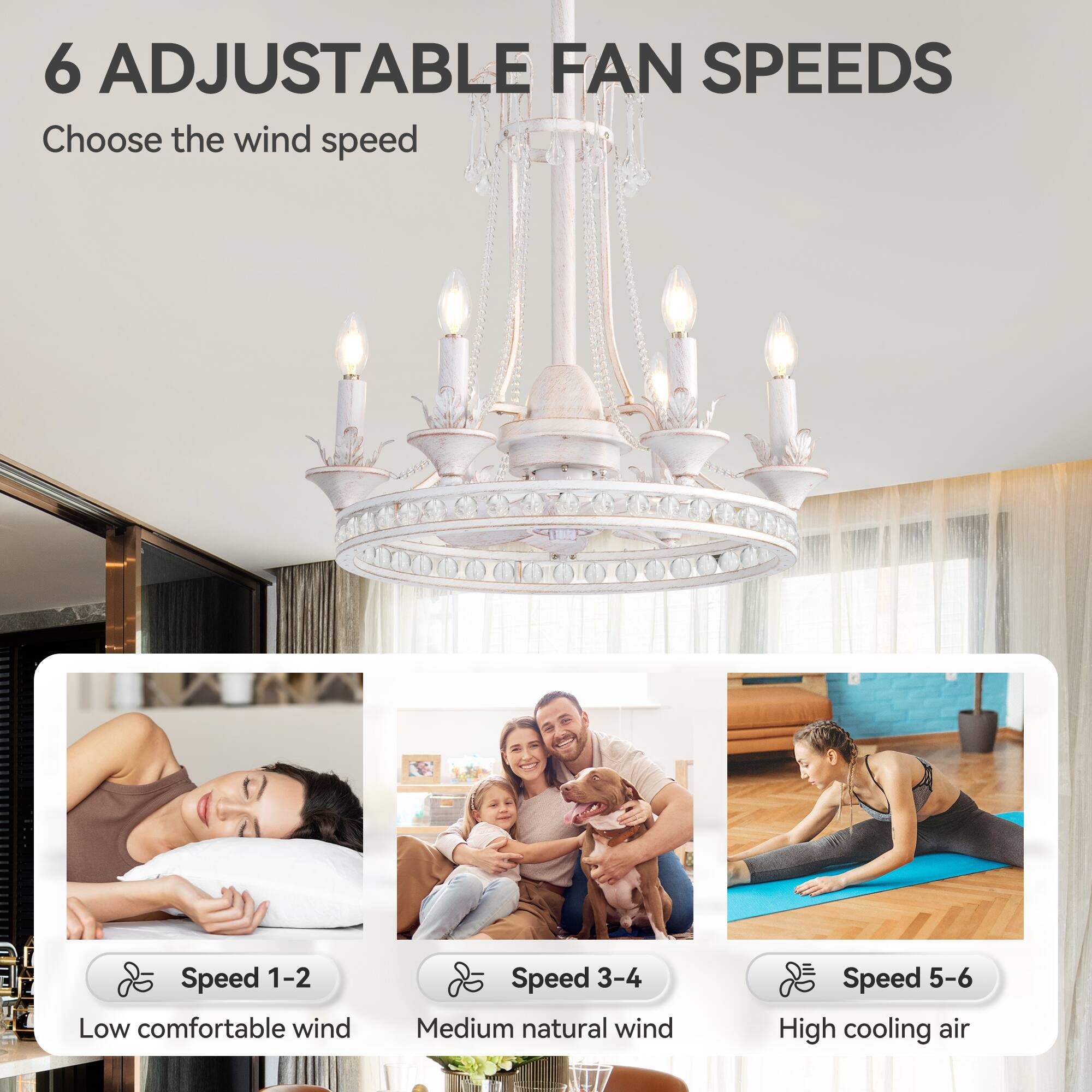 6 Adjustable Fan Speeds  
Choose the wind speed  

Speed 1-2  
Low comfortable wind  

Speed 3-4  
Medium natural wind  

Speed 5-6  
High cooling air