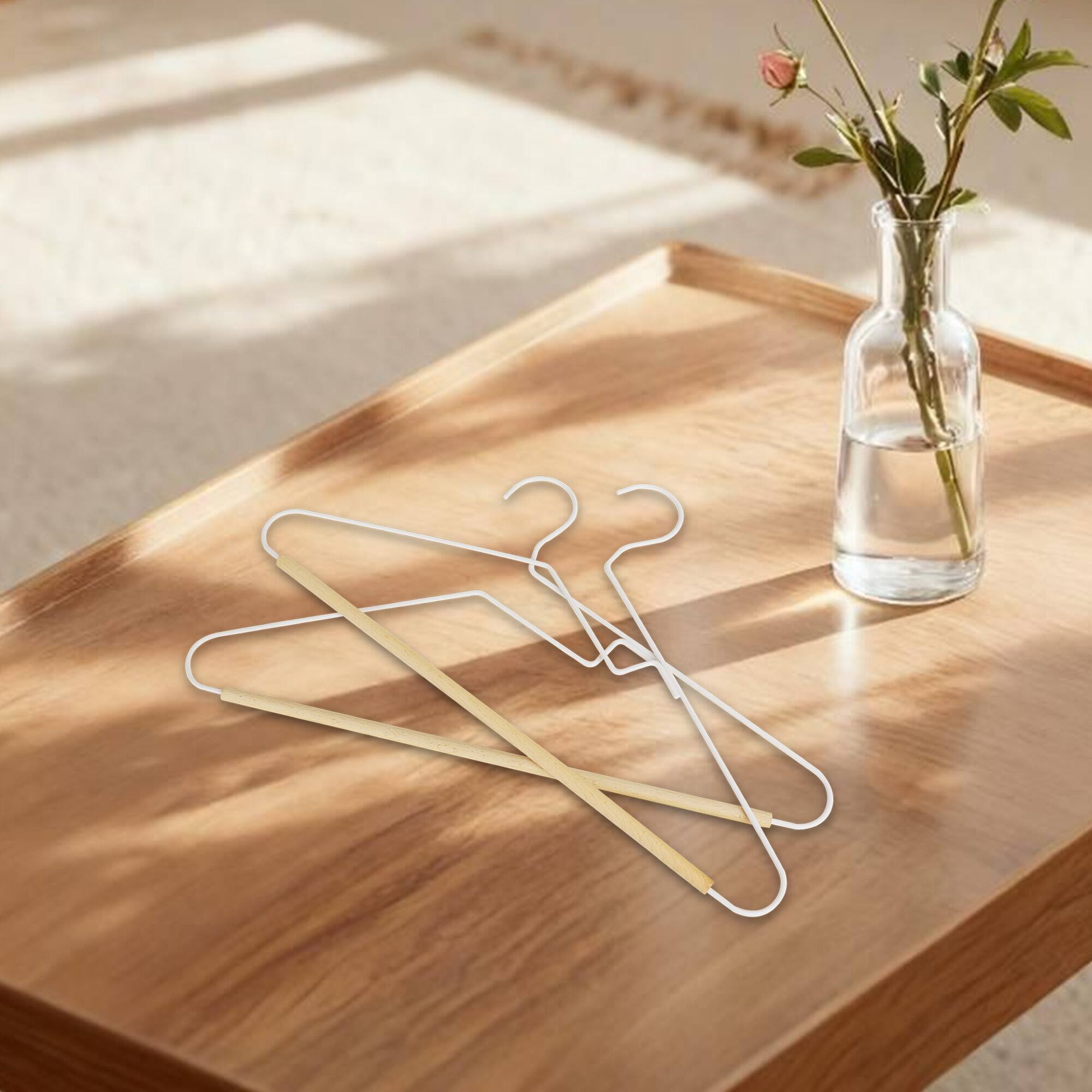 Alt View 2. BP4U - 36-Pack  S-Shaped Opening Metal Wire Clothes Hangers with Wooden Pants Bar for Sweaters, Jackets, Jeans, Shirts(White) - White/Natural.