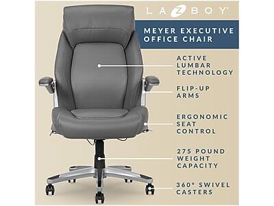 LAZ BOY  
MEYER EXECUTIVE OFFICE CHAIR  
ACTIVE LUMBAR TECHNOLOGY  
FLIP-UP ARMS  
ERGONOMIC SEAT CONTROL  
275 POUND WEIGHT CAPACITY  
360° SWIVEL CASTERS