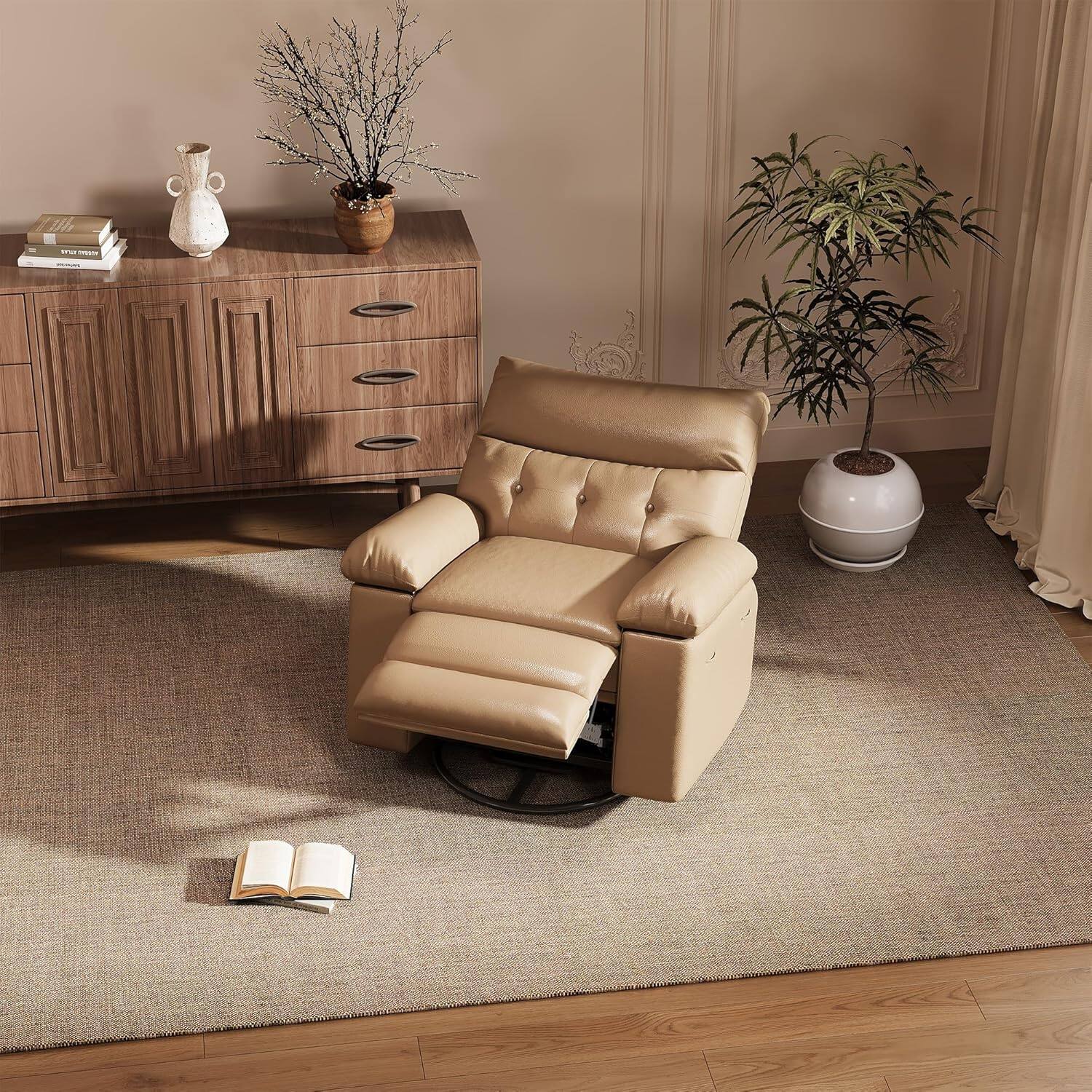 Left. Acekool - Recliner Chair, PU Leather Electric Reclining Sofa, 270° Swivel Home Theater Seating, Single Sofa Seat Lounge Chair - Khaki.