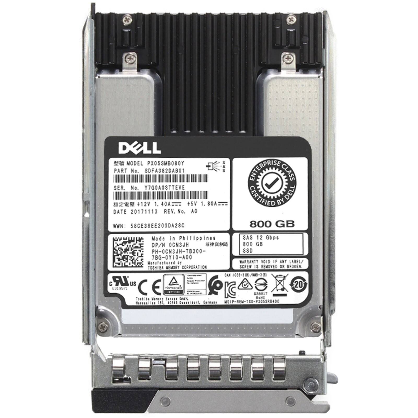 DELL  
MODEL PXOSSMB080Y  
PART No. SDF4382DAB01  
SER. No. Y7GOAOSTEVE  
+12V 1.40A  
+5V 1.80A  
DATE 20171113  
REV. No. AO  
WWN: S8CE38EE200DA28C  
SAS ENTERPRISE CLASS CERTIFIED BY DELL  
800 GB  
SAS 12 Gb/s  
SSD  
PH-OCN3JH-TB300-7BG-0YI0-A00  
Made in Philippines  
DP/N OCN3JH  
WARRANTY VOID IF ANY LABEL/SCREW IS REMOVED OR BROKEN  
TOSHIBA MEMORY CORPORATION  
CE  
FCC  
IC  
KC  
MSIP-REM-T50-PROSSRB400