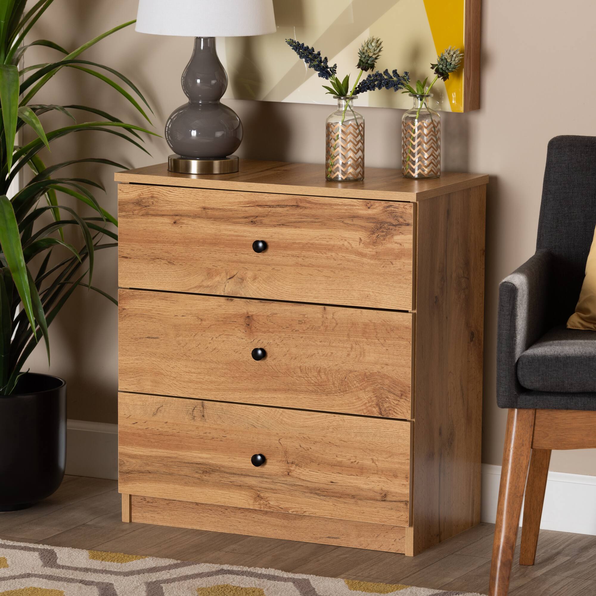 Alt View 2. Baxton Studio - Decon Modern and Contemporary Finished Wood 3-Drawer Storage Chest - Oak Brown.