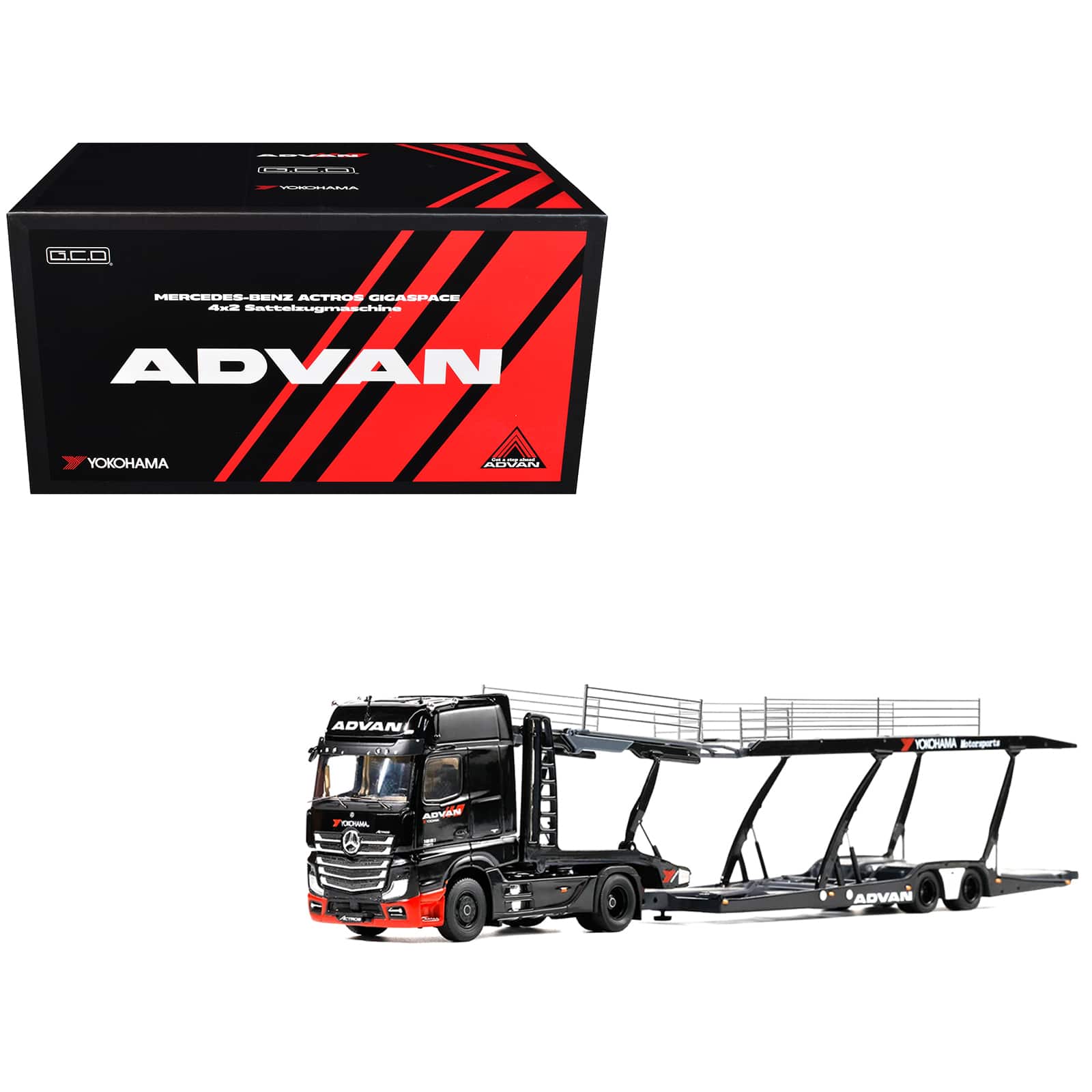 "Mercedes-Benz Actros Gigaspace Auto Transporter ""ADVAN Yokohama"" Black 1/64 Diecast Model by GCD" price history on PriceWatchPro