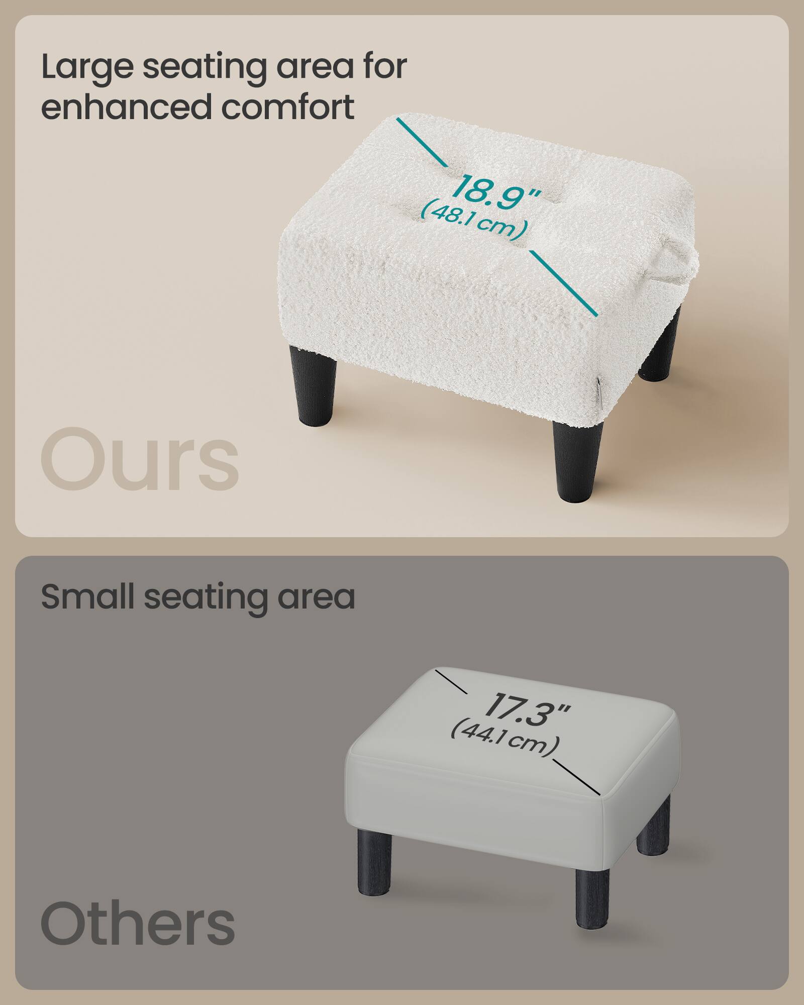 Large seating area for enhanced comfort (18.9" (48.1cm))  
Ours  
Small seating area (17.3" (44.1cm))  
Others