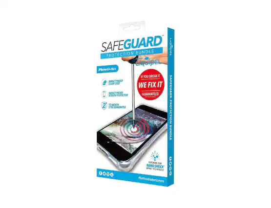 Sure, here is the corrected and grouped text from the image:
---
**SAFE GUARD**
PROTECTION BUNDLE
Liquipel
**iPhone 6+/6s+**
- IMPACT PROOF CLEAR CASE
- IMPACT PROOF SCREEN PROTECTOR
**IF YOU BREAK IT**
**WE FIX IT**
**GUARANTEED**
**12 MONTH**
**$150 GUARANTEE**
**FEATURING OUR**
**NANO-SHOCK**
**IMPACT TECHNOLOGY**
**#NoMoreBrokenScreens**
---
This text is organized to reflect the information and layout from the image.
