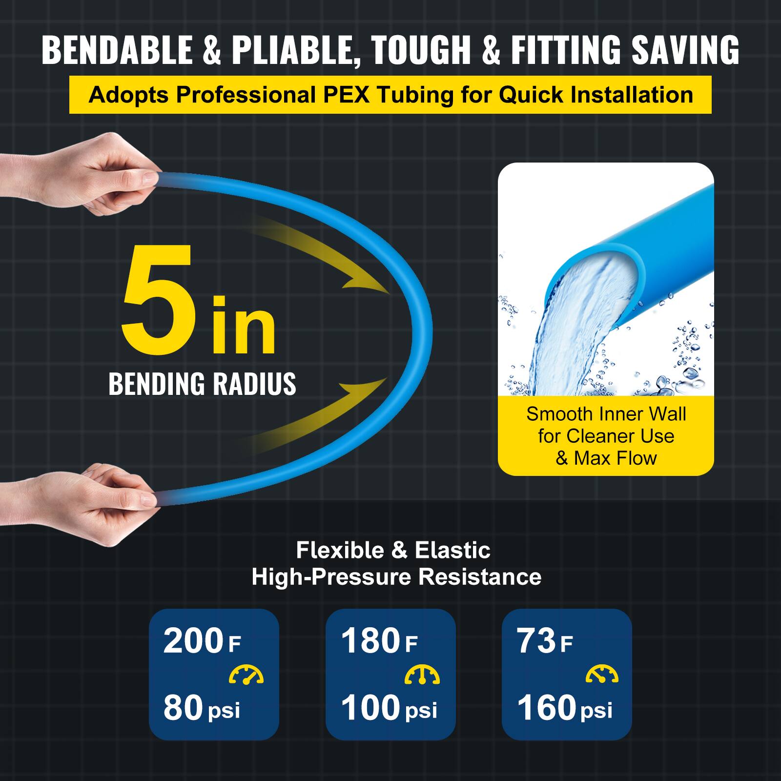 BENDABLE & PLIABLE, TOUGH & FITTING SAVING  
Adopts Professional PEX Tubing for Quick Installation  

5 in BENDING RADIUS  

Smooth Inner Wall for Cleaner Use & Max Flow  

Flexible & Elastic High-Pressure Resistance  

200°F 80 psi  
180°F 100 psi  
73°F 160 psi