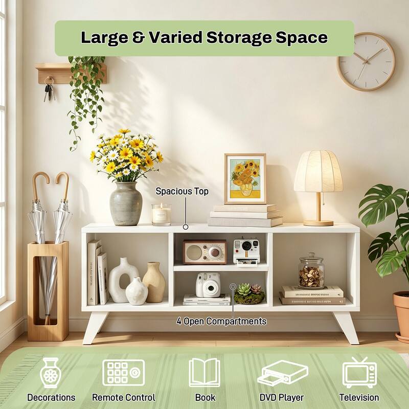 Large & Varied Storage Space

Spacious Top

4 Open Compartments

Decorations
Remote Control
Book
DVD Player
Television