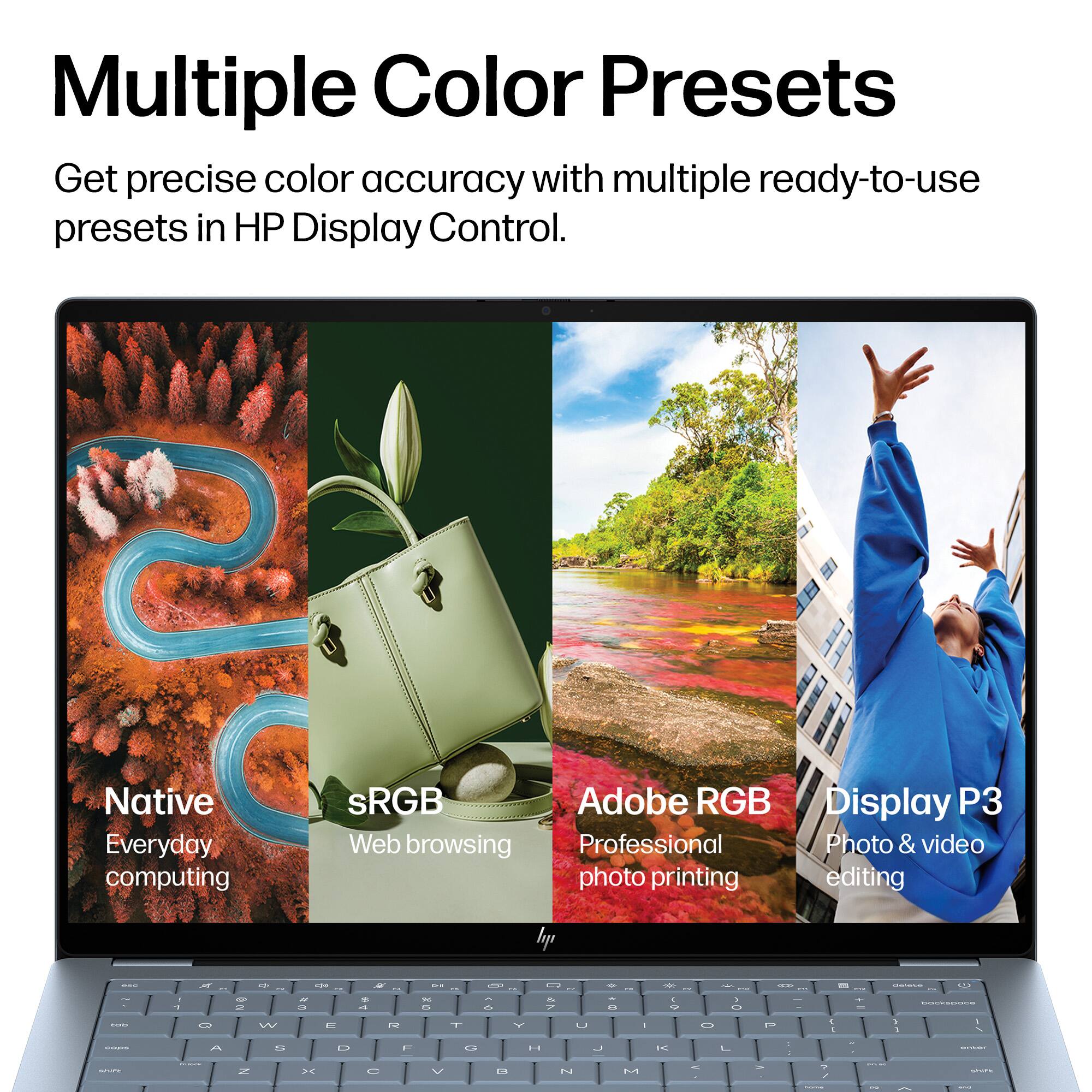 Multiple Color Presets

Get precise color accuracy with multiple ready-to-use presets in HP Display Control.

- Native: Everyday computing
- sRGB: Web browsing
- Adobe RGB: Professional photo printing
- Display P3: Photo & video editing