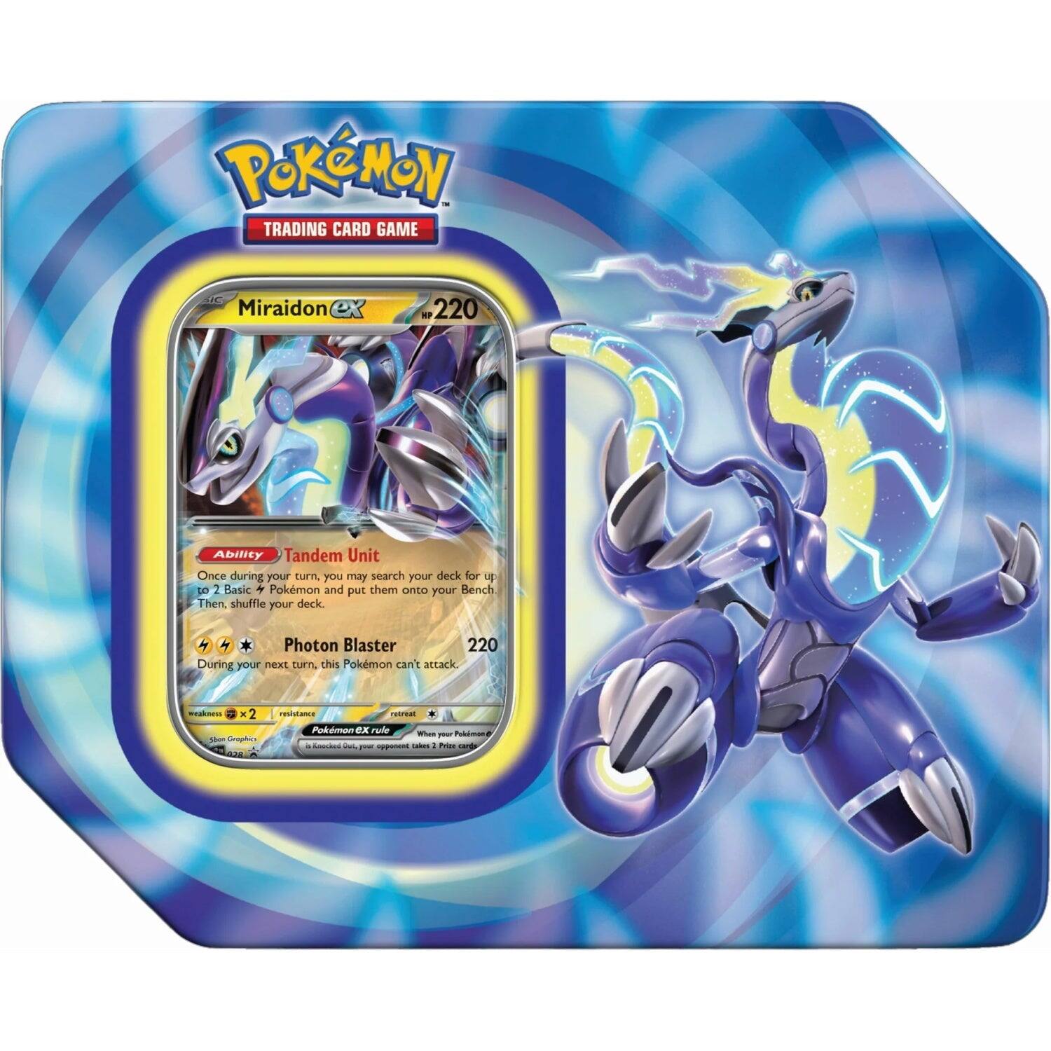 **Pokémon Trading Card Game**

**Miraidon EX**  
**220**

**Ability: Tandem Unit**  
Once during your turn, you may search your deck for up to 2 Basic Pokémon and put them onto your Bench. Then, shuffle your deck.

**Photon Blaster 220**  
During your next turn, this Pokémon can't attack.

**Weakness:** ×2  
**Resistance:**  
**Retreat Cost:**  

**Pokémon EX Rule**  
When your Pokémon EX is Knocked Out, your opponent takes 2 Prize cards.