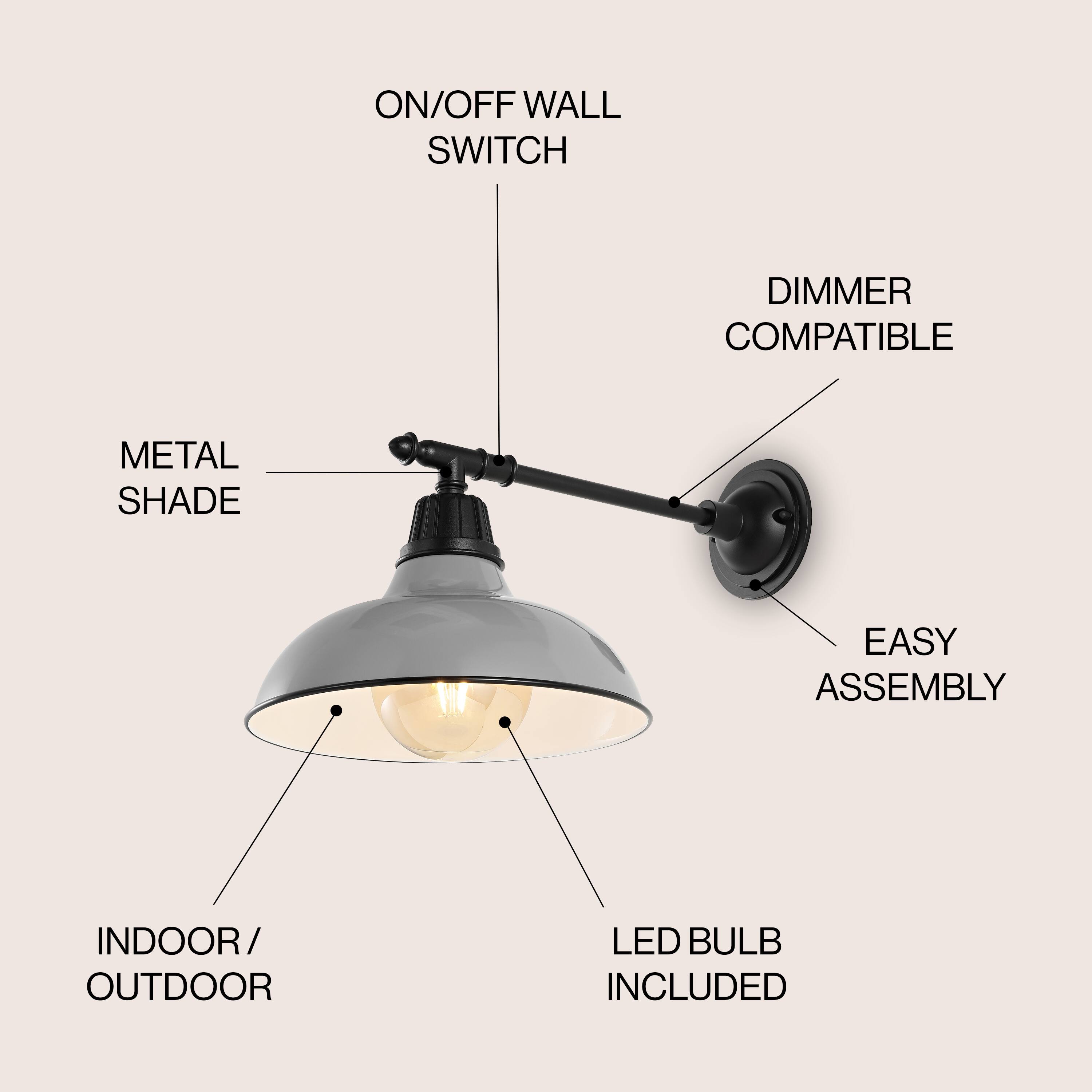 ON/OFF WALL SWITCH DIMMER COMPATIBLE METAL SHADE EASY ASSEMBLY INDOOR/OUTDOOR LED BULB INCLUDED