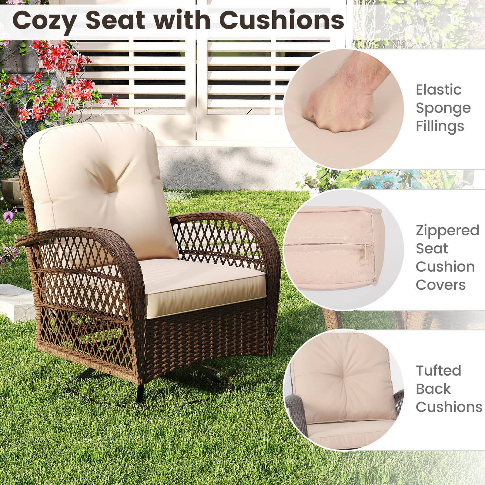 Cozy Seat with Cushions: Elastic Sponge Fillings, zippered Seat Cushion Covers, Tufted Back Cushions.