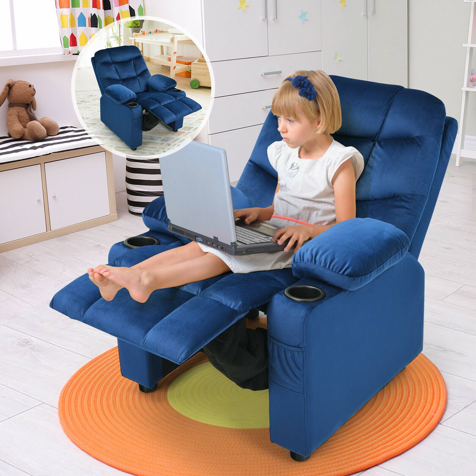 Alt View 2. Gymax - Gymax Kids Youth Recliner Chair Velvet Fabric w/Cup Holder & Side Pocket Blue - Blue.