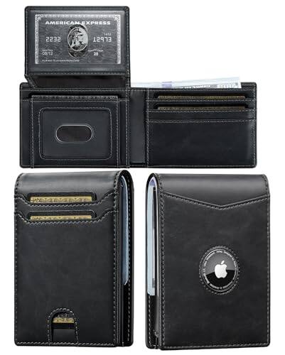Vulpecula Spade - Air Tag Wallet Men: Wallet with Airtag Holder - Wallet for Airtag Men Slim Minimalist with ID Window RFID Leather Wallet - Black