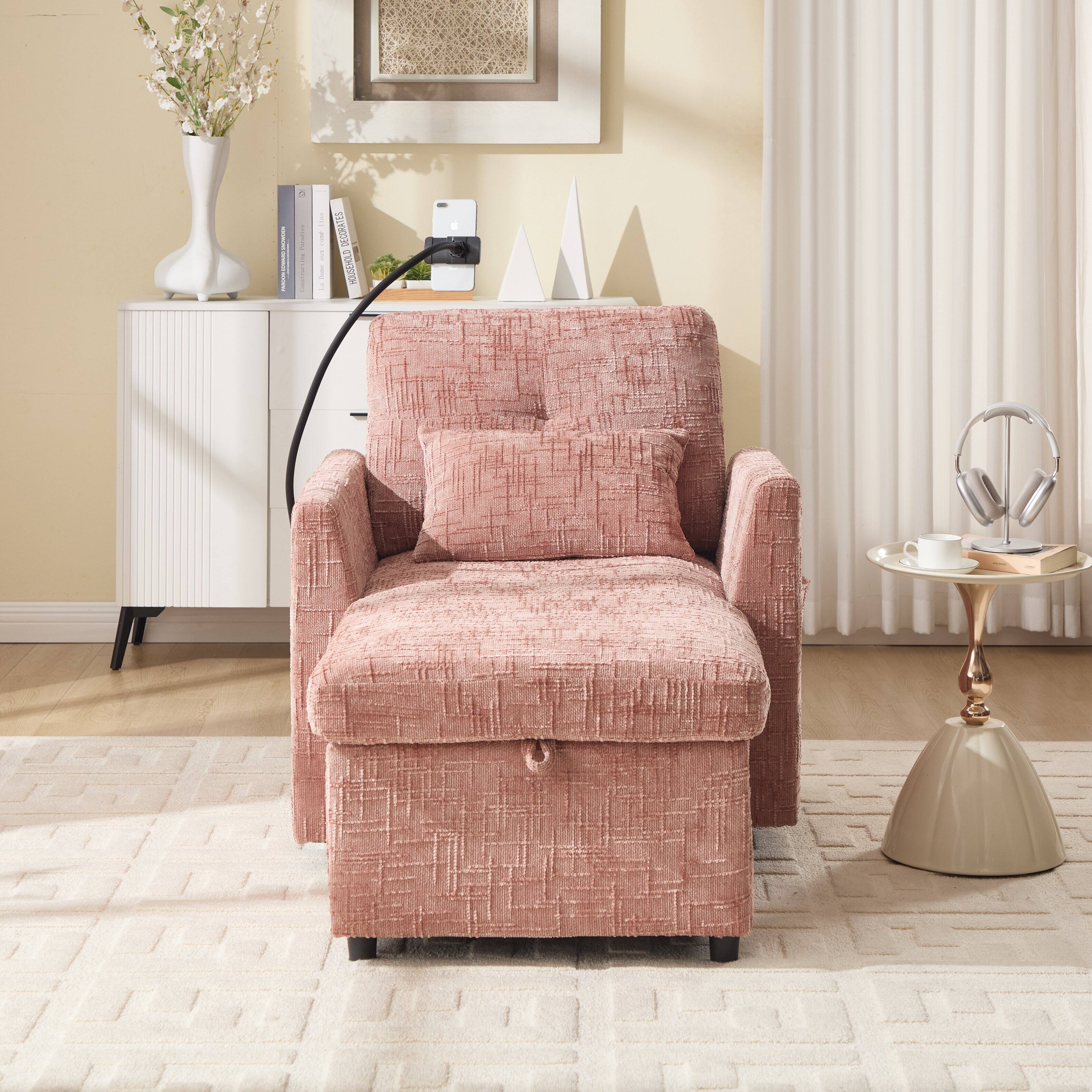 Back. Trinkets Crazed - Lazy Person Sofa Couch, Multifunctional Chenille Single Leisure Chair with Storage Backrest, Cell Phone Bracket - Pink.