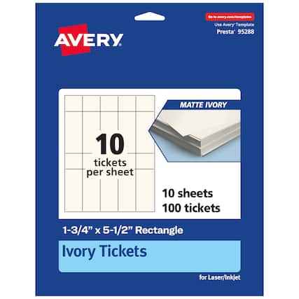 Go to avery.com/templates
Use Avery Template Presta® 95288
MATTE IVORY
10 tickets per sheet
10 sheets 100 tickets
1-3/4" x 5-1/2" Rectangle Ivory Tickets for Laser/Inkjet