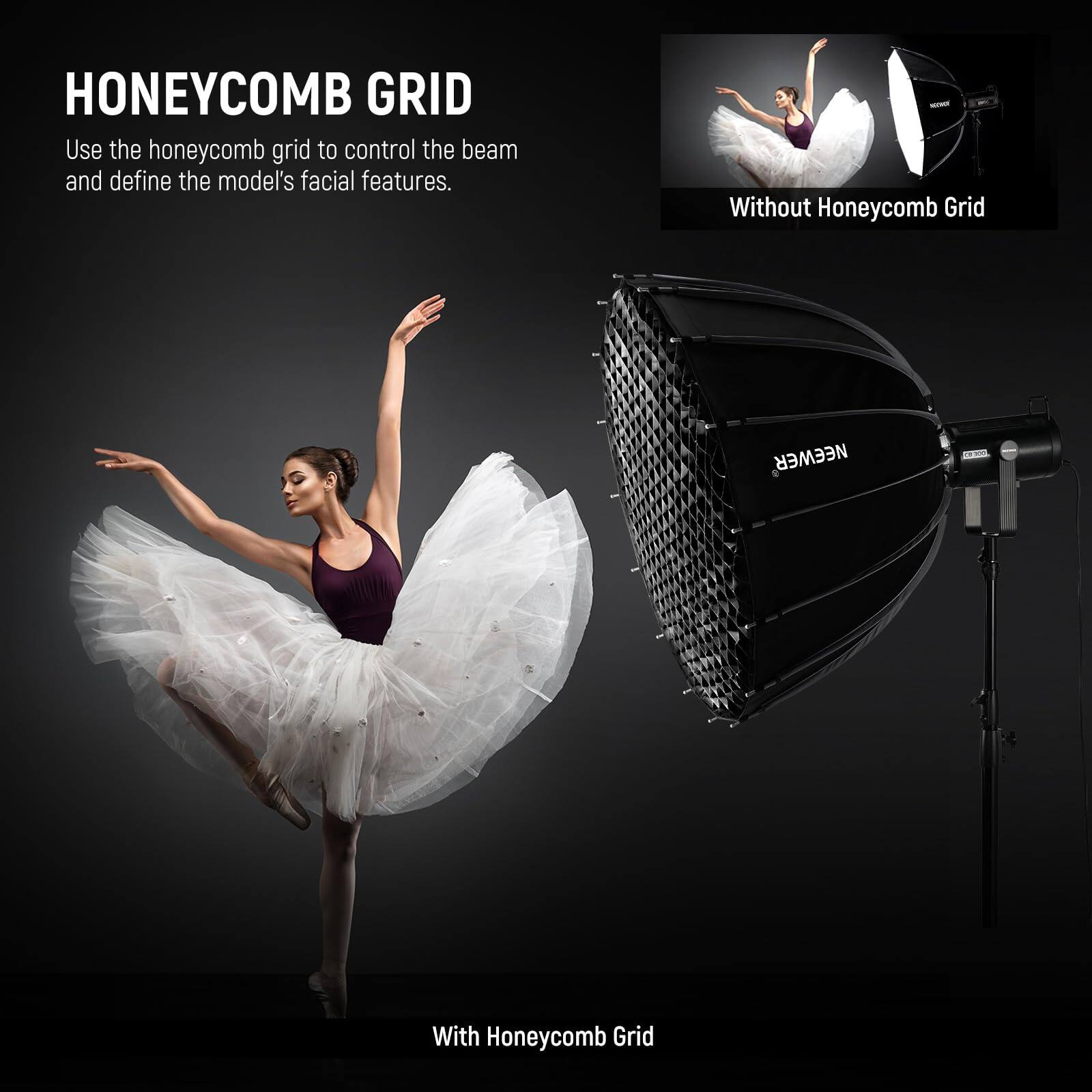 HONEYCOMB GRID

Use the honeycomb grid to control the beam and define the model's facial features.

- Without Honeycomb Grid
- With Honeycomb Grid