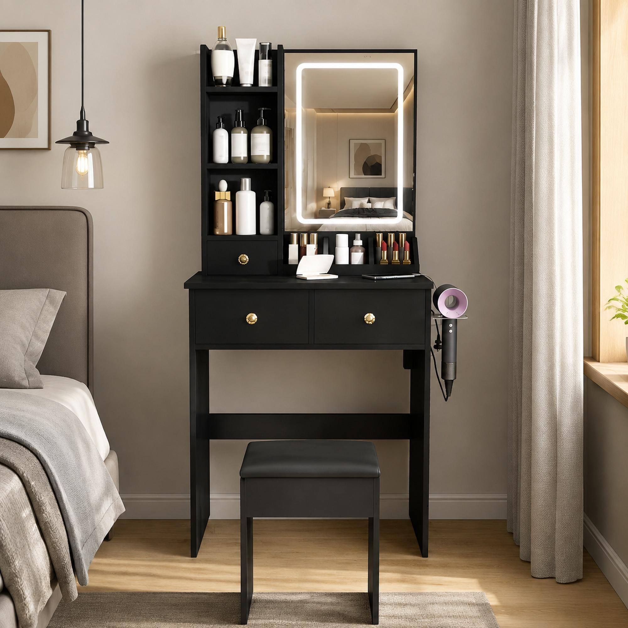Front. RYHNUYNE - Small Black Vanity Desk, Eco-Friendly MDF, 3 LED Lighting Modes, 3 Drawers, Open Shelves, Hair Dryer Holder, Power - Black.