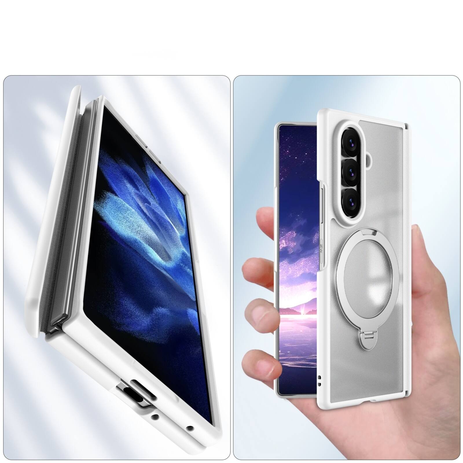 Back. Dteck - For Samsung Galaxy Z Fold 7 Magnetic Case Built-in Screen Protector,Shockproof Ring Stand Clear Back Hinge Protect Cover - White.