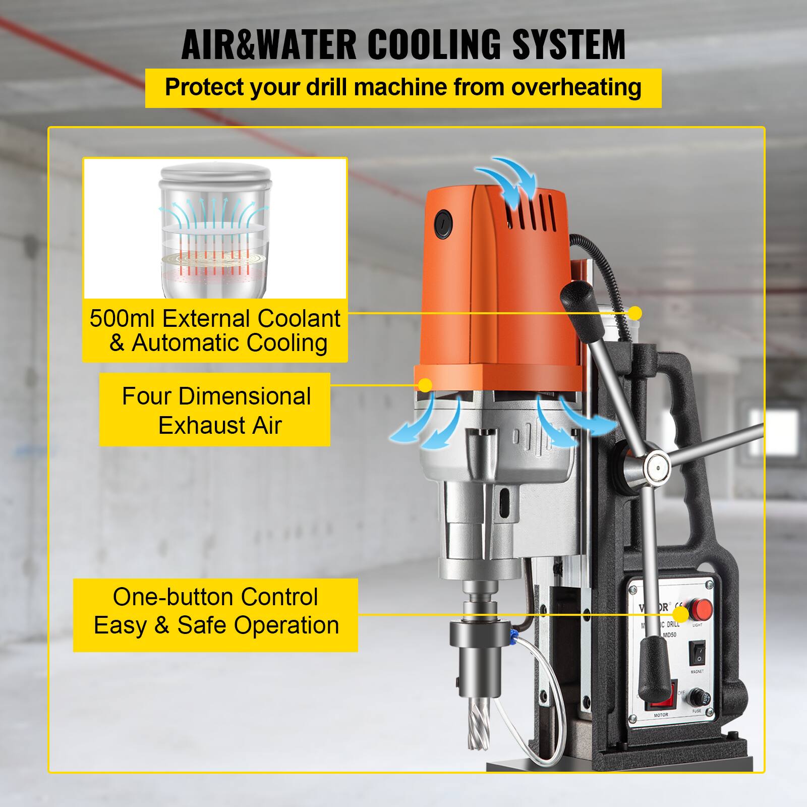 AIR&WATER COOLING SYSTEM  
Protect your drill machine from overheating

500ml External Coolant & Automatic Cooling  
Four Dimensional Exhaust Air  
One-button Control Easy & Safe Operation