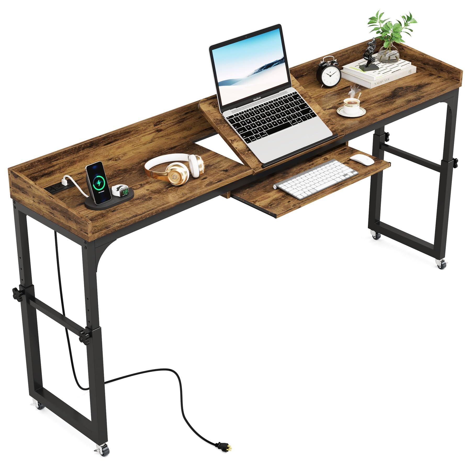 Alt View 4. Tribesigns - 70.9-Inch Height-Adjustable Overbed Desk with Wheels and Tilting Laptop Stand for Bedroom - Rustic Brown.
