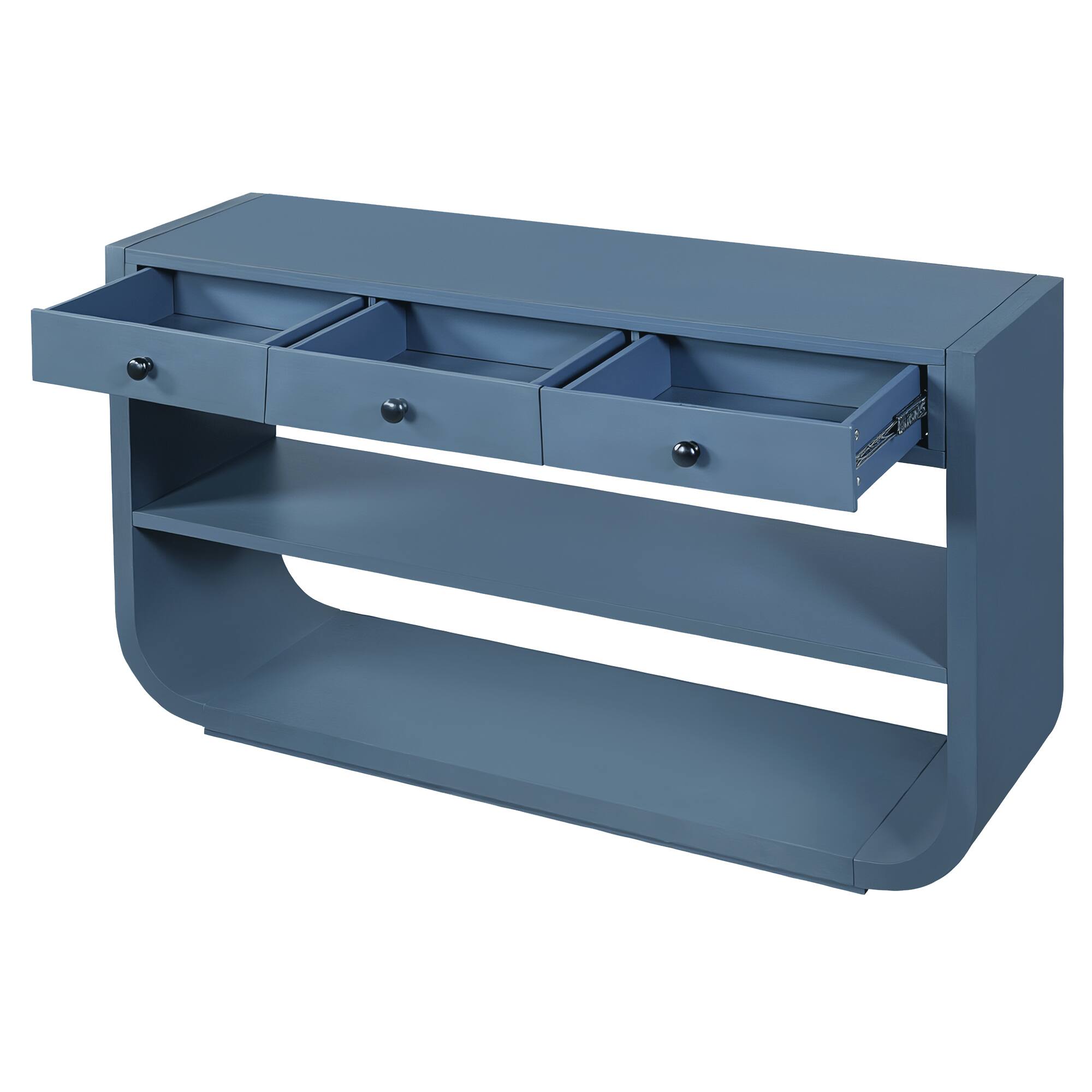 Alt View 2. Whisen - Modern Curved Console Table with 3 Soft-Close Drawers & 2 Shelves, Solid Wood Entryway Table-Blue - Blue.