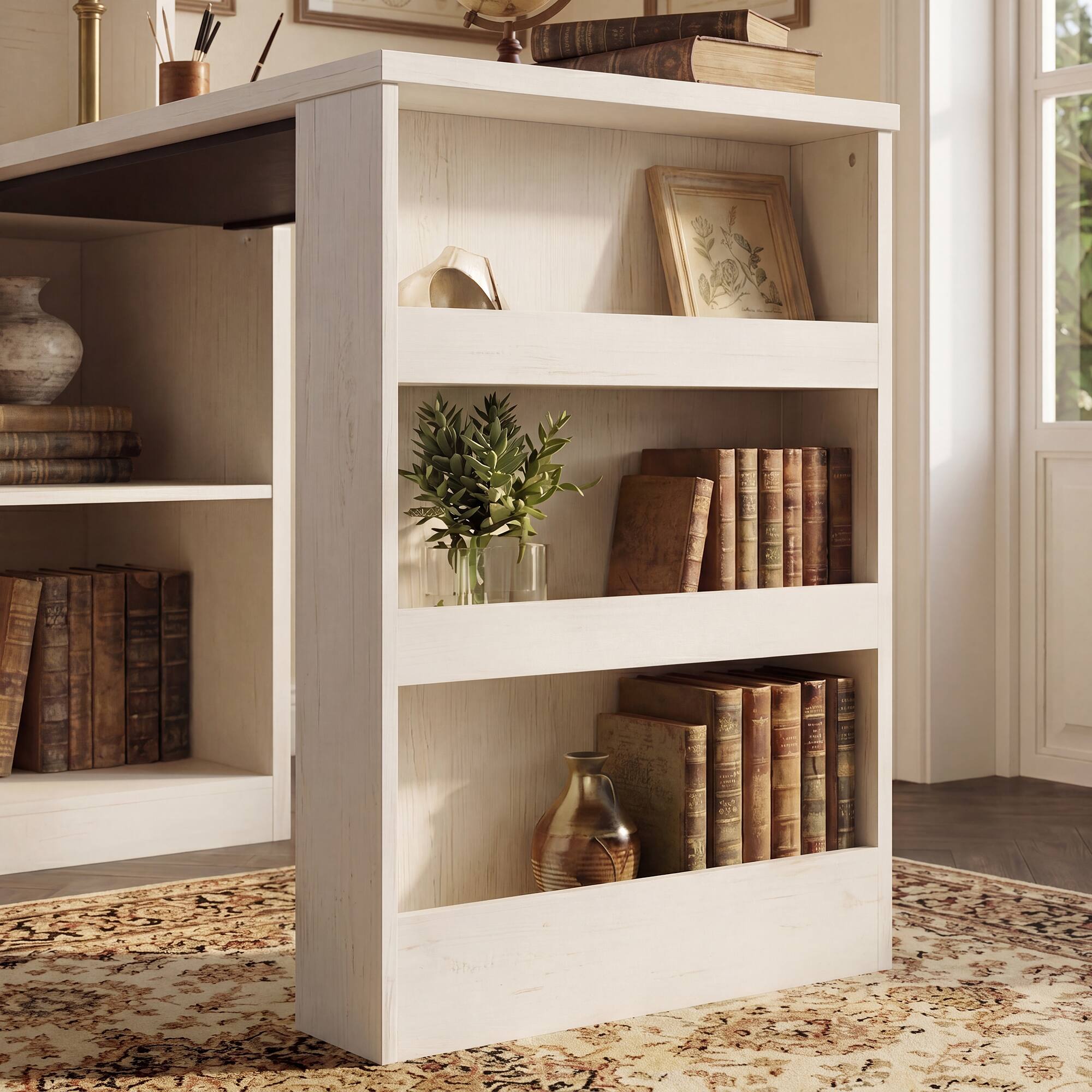 Alt View 3. Famapy - Study Desk with Tall Storage Cabinet – White Vintage Student Writing Table with Drawers & Bookshelf for Bedroom, Dorm - White.