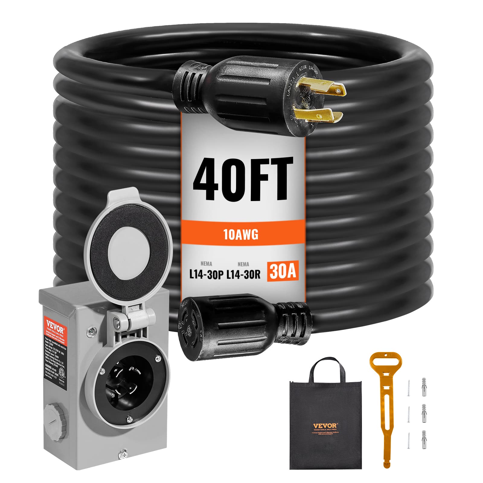 Photos - Surge Protector / Extension Lead Vevor  30 Amp Generator Cord and Power Inlet Box Kit, 40 FT, NEMA L14-30P/L14-30R STW 10 AWG Generator Power Extension Cord 