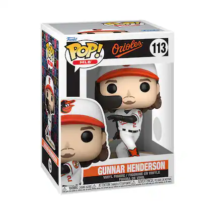 The text on the image is:
"POP! MLB
Orioles
113
Gunnar Henderson
VINYL FIGURE / FIGURINE EN VINYLE / FIGURA DE VINIL"
The warning text is:
"WARNING: CHOKING HAZARD - Small parts. Not for children under 3 years."