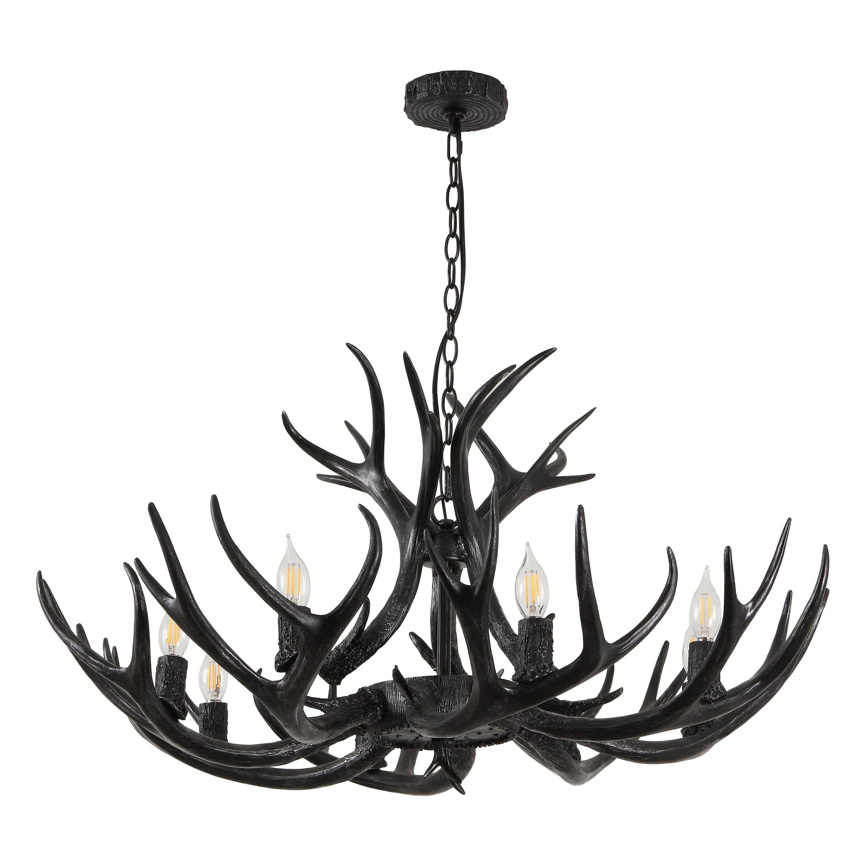 Alt View 7. Jonathan Y - Eldora 36" 8-Light Rustic Farmhouse Adjustable Resin Antler LED Chandelier, Black - Black.