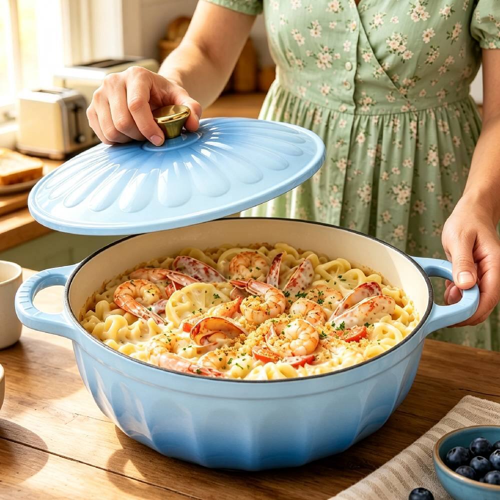 Left. Winado - 5 QT Enameled Cast Iron Dutch Oven with Gradient Petal Texture,Heat-Resistant Gloves, Pot Mat for Bread Baking, Roasting - Blue.