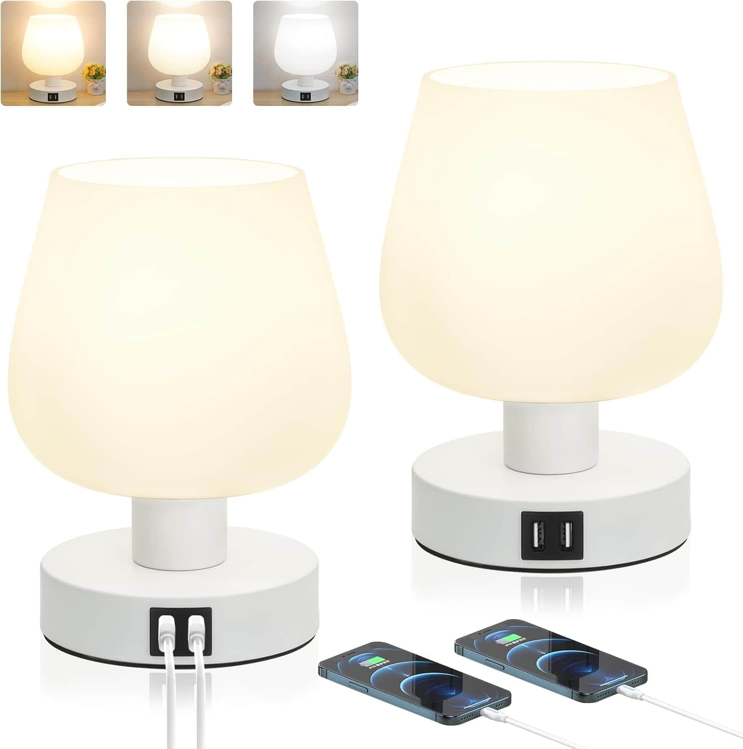 Nordic Hygge - Touch Control Bedside Table Lamp with 2 USB Ports, Dimmable Small Nightstand Lamp for Bedroom, Modern Desk lamp - Beige & White