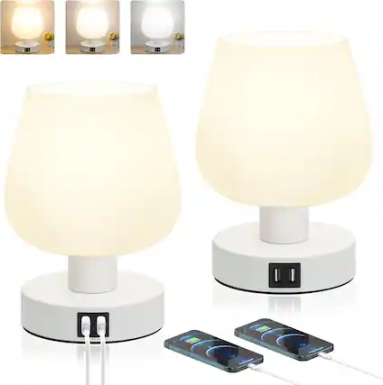 Front. Nordic Hygge - Touch Control Bedside Table Lamp with 2 USB Ports, Dimmable Small Nightstand Lamp for Bedroom, Modern Desk lamp - Beige & White.