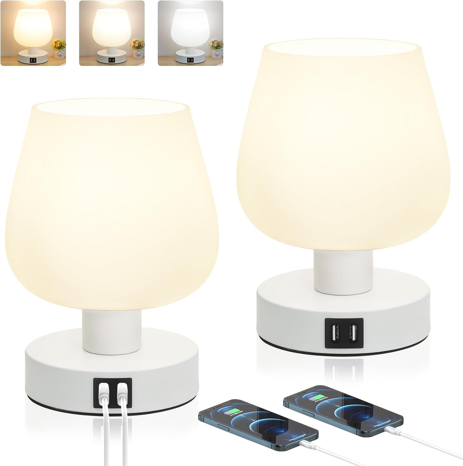 Front. Nordic Hygge - Touch Control Bedside Table Lamp with 2 USB Ports, Dimmable Small Nightstand Lamp for Bedroom, Modern Desk lamp - Beige & White.