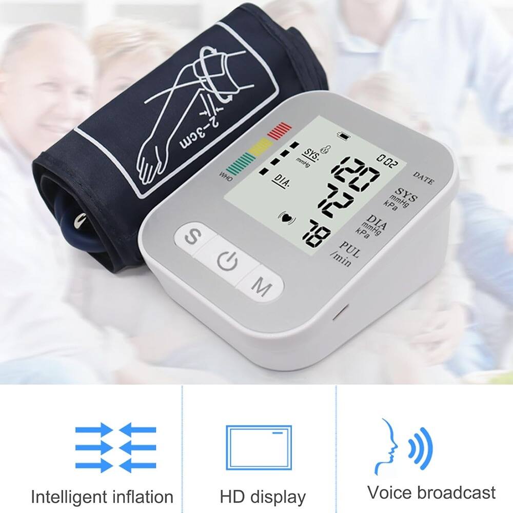 Sure, here is the corrected and grouped text from the image:

---

**U 2-3cm**  
**imm SYS. 002 WHO DIA.**  
**DATE**  
**DIA kPa mmHg SYS S 78 kPa mmHg /min PUL G M**  
**# Intelligent inflation**  
**HD display**  
**Voice broadcast**

---

**120**  
**72**  
**78**  
**0.02**  
**DATE**  
**SYS kPa mmHg**  
**DIA kPa mmHg**  
**PUL /min**

---

**Intelligent inflation**  
**HD display**  
**Voice broadcast**