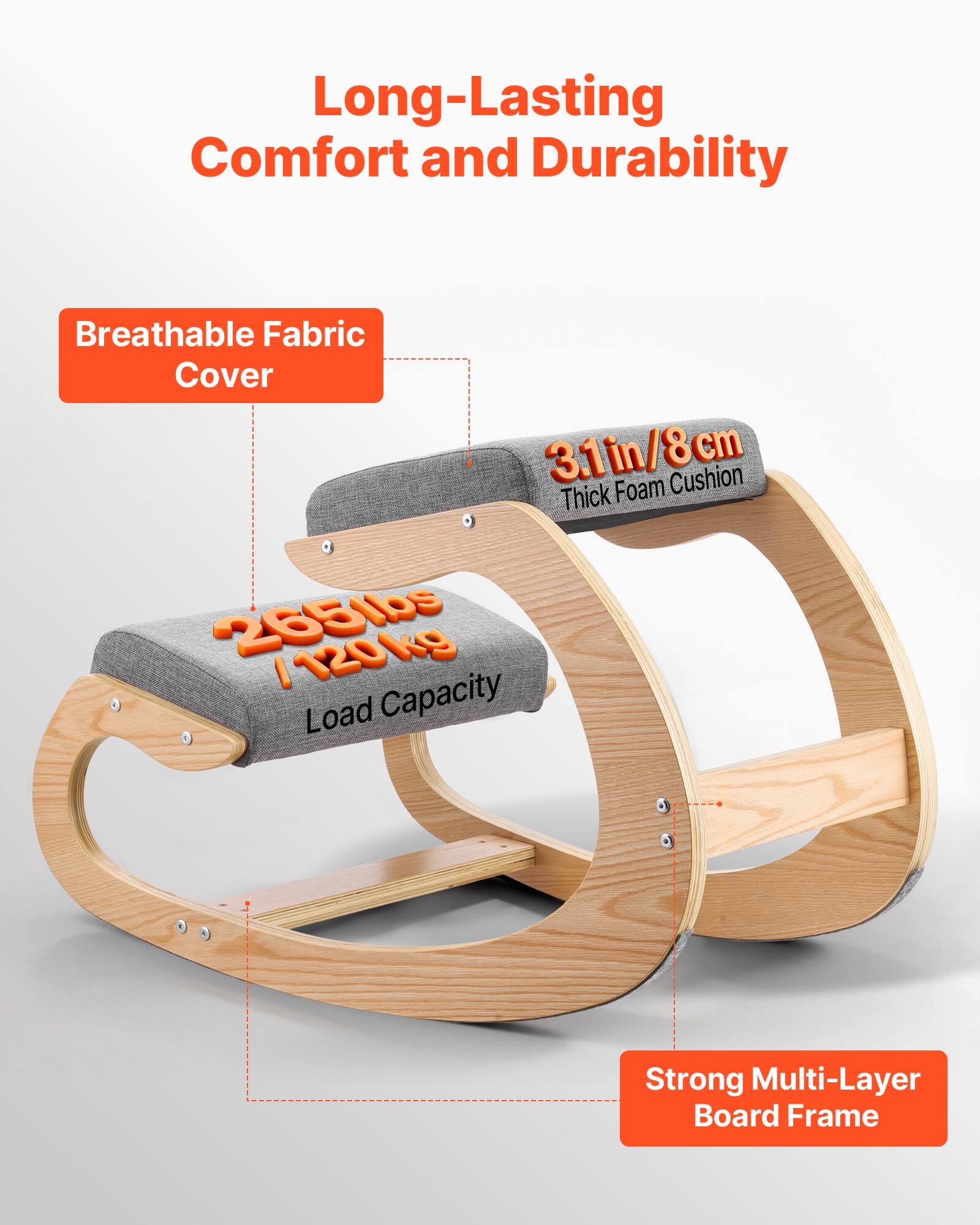 Long-Lasting Comfort and Durability  
Breathable Fabric Cover  
3.1in/8cm Thick Foam Cushion  
265lbs / 120kg Load Capacity  
Strong Multi-Layer Board Frame