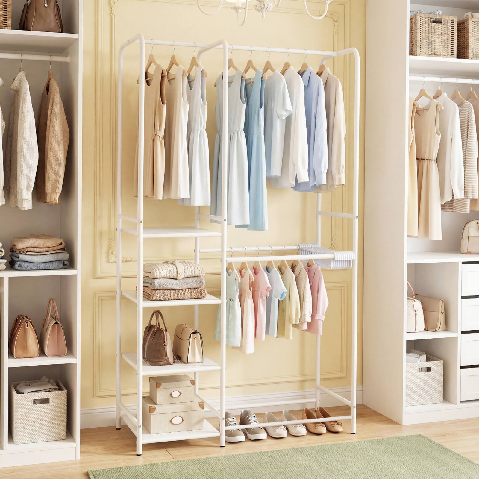 Alt View 4. Gymax - Gymax Portable Closet w/Pants Hangers 2 Hanging Rods 4 Storage Shelves for Bedroom White - White.