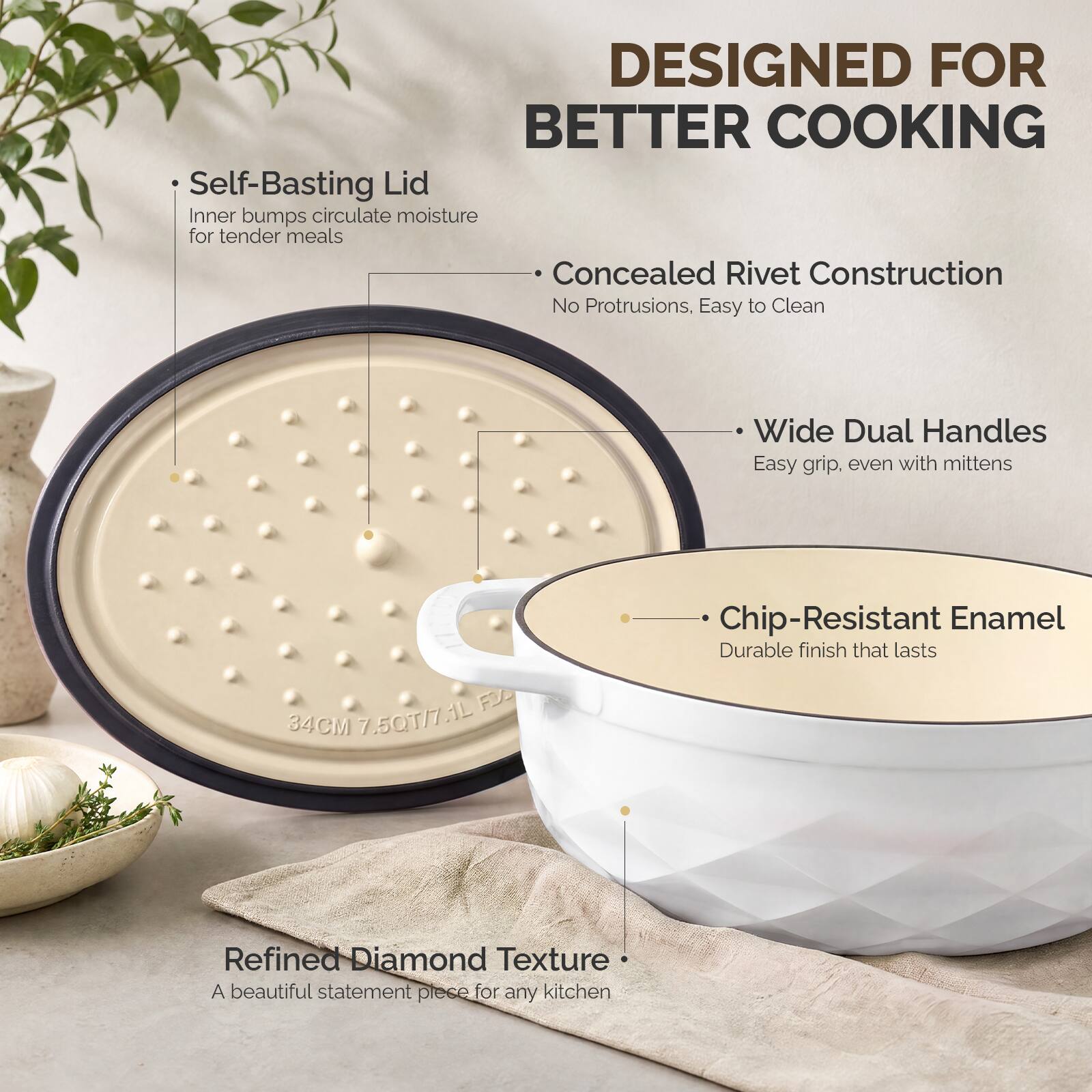 DESIGNED FOR BETTER COOKING

- Self-Basting Lid
  Inner bumps circulate moisture for tender meals

- Concealed Rivet Construction
  No Protrusions, Easy to Clean

- Wide Dual Handles
  Easy grip, even with mittens

- Chip-Resistant Enamel
  Durable finish that lasts

34CM 7.5QT/7.1L

Refined Diamond Texture
A beautiful statement piece for any kitchen