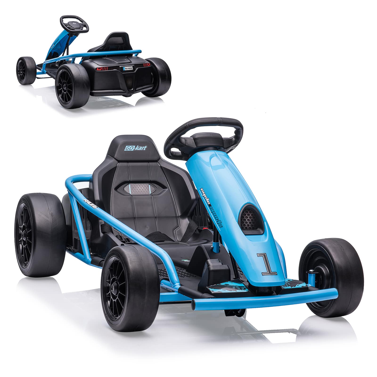 GARVEE - 24V Kids Electric Drift Go Kart, Racing Ride-On Car with Dual 300W Motors, Music, Seatbelt & 8MPH Speed for Ages 8–12 - Blue