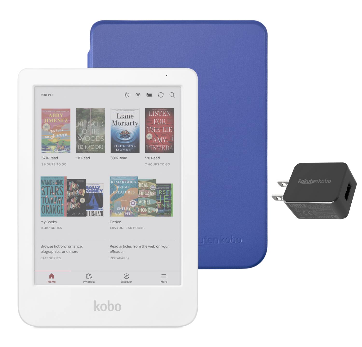 Kobo - Clara Colour eReader (White) with and AC Bundle - 2025 - Cobalt Blue Basic SleepCover