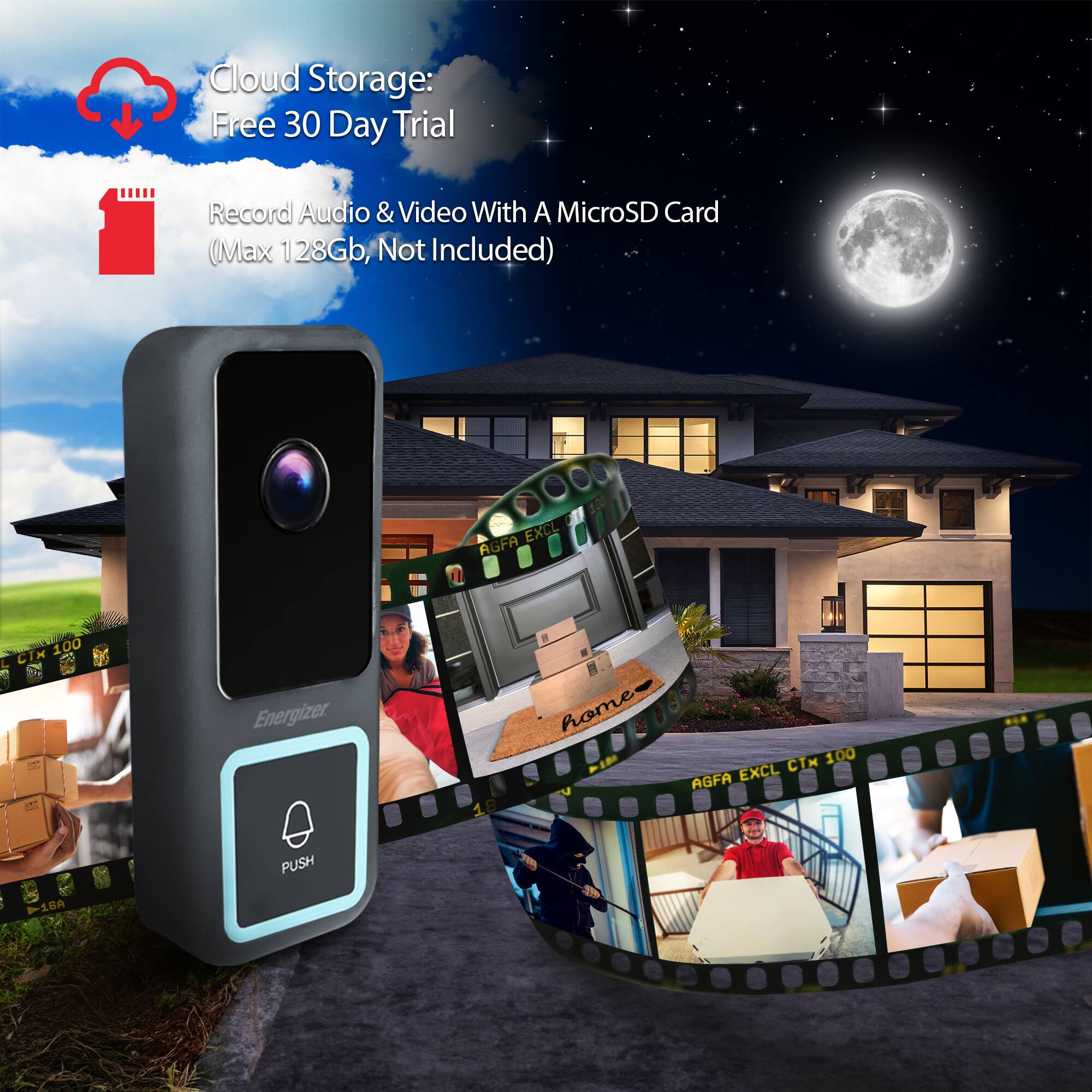 Cloud Storage: Free 30 Day Trial  
Record Audio & Video With A MicroSD Card (Max 128Gb, Not Included)  

AGFA EXCL CTM 100  
Energizer  
PUSH