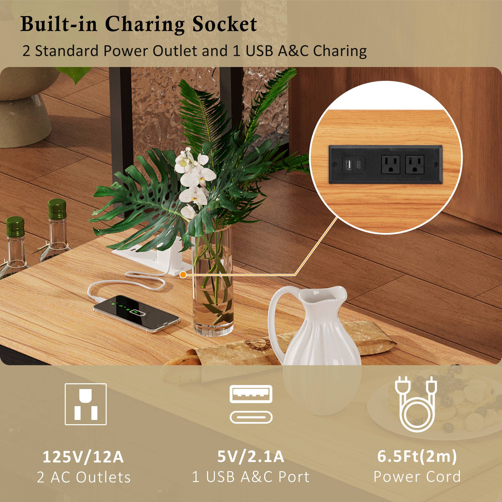Built-in Charging Socket  
2 Standard Power Outlet and 1 USB A&C Charging  
125V/12A  
2 AC Outlets  
5V/2.1A  
1 USB A&C Port  
6.5Ft (2m) Power Cord