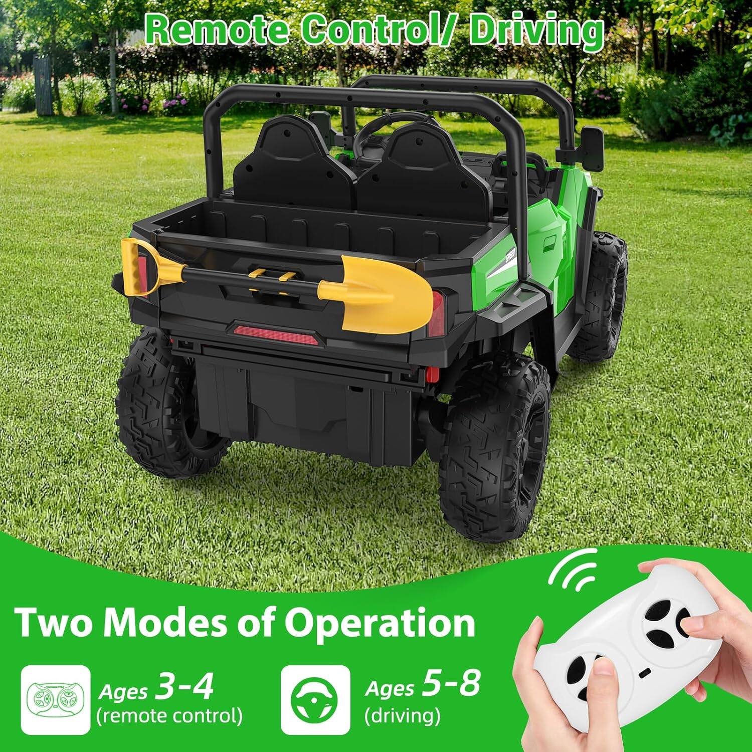 Remote Control/ Driving

Two Modes of Operation

Ages 3-4 (remote control)

Ages 5-8 (driving)