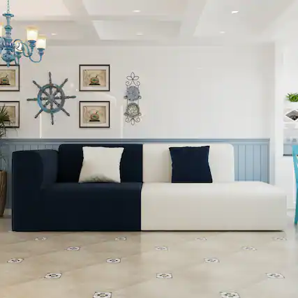 Front. luck idea - 77.55" Modern Two-Tone Fabric Sofa Couch with Solid Wood Frame, Foam Cushions & 2 Throw Pillows, Living Room Sofa - Dark blue+Off-white.