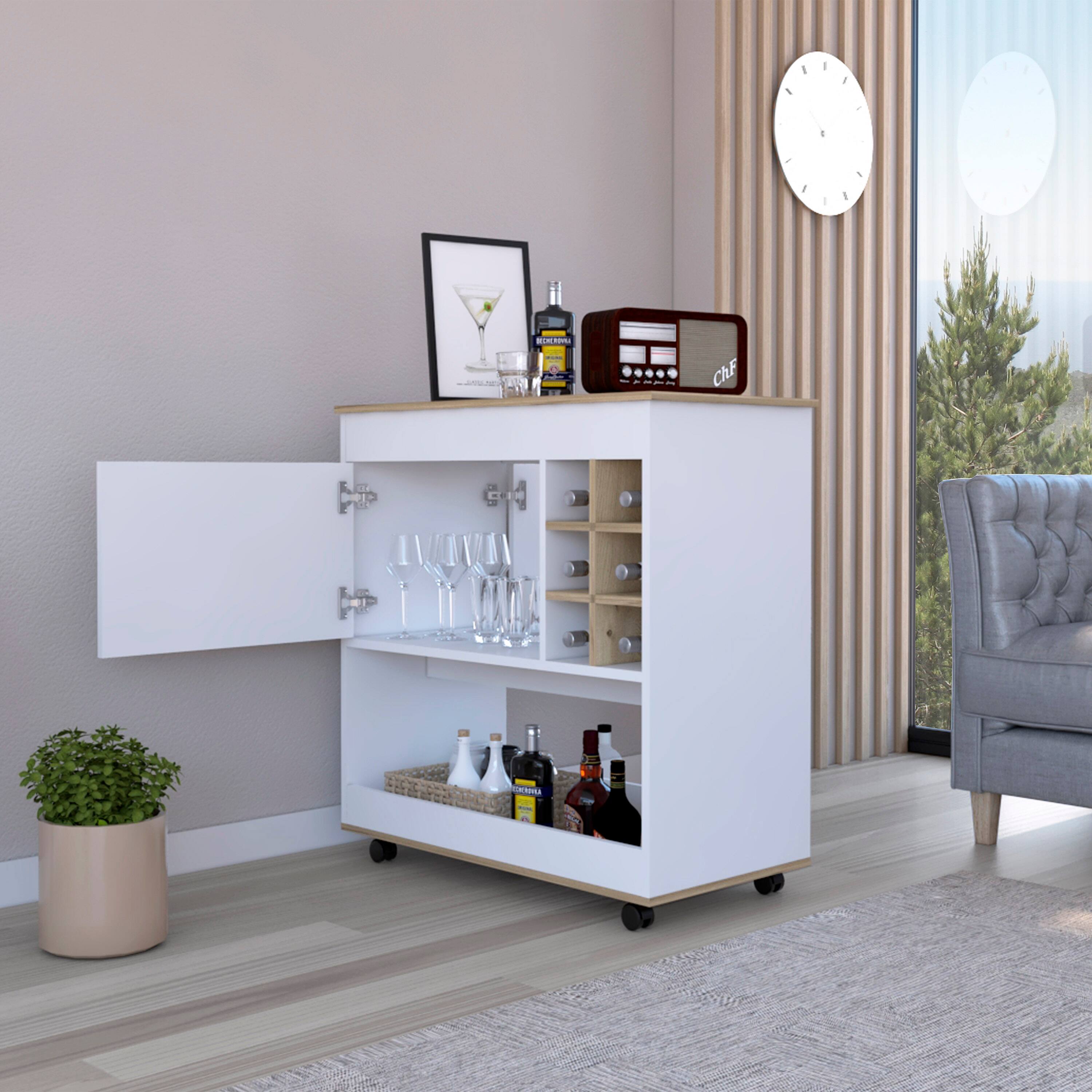 Alt View 1. TuHome - Camelia Bar Cart, Lower Panel, Six Bottle Cubbies, One Cabinet, Living Room or Bar Room - Light Oak / White.